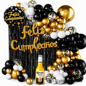 SET DE GLOBOS ARCO XL FELIZ CUMPLEA�OS CERVEZA NEGRO ORO Y BLANCO (GY 7871) 69 UNIDADES